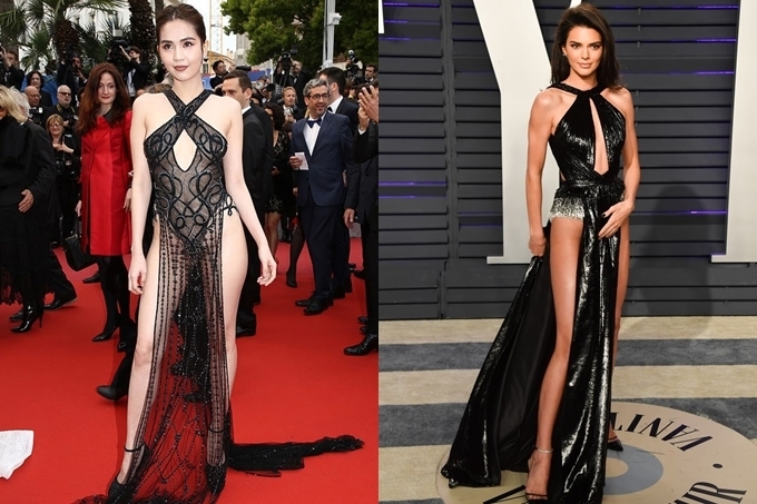  
Bộ cánh Ngọc Trinh diện trong Cannes 2019 được xem là sao chép thiết kế Kendall Jenner diện trong tiệc hậu Lễ trao giải Oscar đầu năm 2019