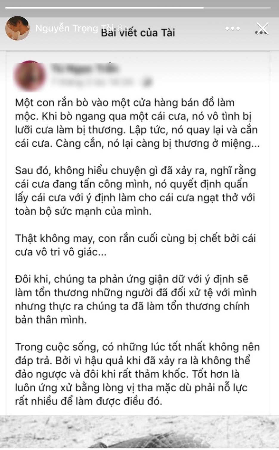  
Nguyễn Trọng Tài kể về câu chuyện sự vị tha.