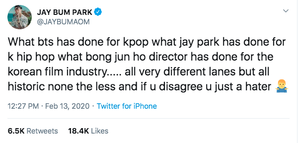  
Jay Park đăng bài, so sánh mình ngang hàng với BTS và đạo diễn Bong Joon Soon. (Ảnh: Chụp màn hình)