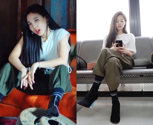  
Hẳn Jennie và Nayeon có sự ăn ý lớn về thời trang khi liên tiếp đụng hàng. Lần này kiểu quần quân đội cool ngầu của Alexander Wang đều được cả hai mặc cùng với áo phông và ankle boots, thể hiện nét cá tính.