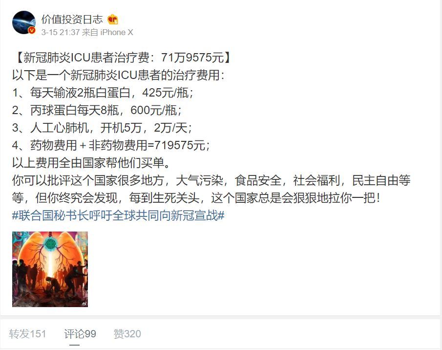  
Bài viết tiết lộ về chi phí điều trị cho một bệnh nhân nhiễm Covid-19 được đăng tải trên Weibo. (Ảnh: Chụp màn hình).