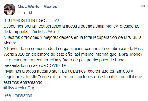  
Trang chủ Miss World Mexico đăng tải thông tin chính thức, xác nhận bà Julia Morley dương tính với Covid-19. (Ảnh: Chụp màn hình)