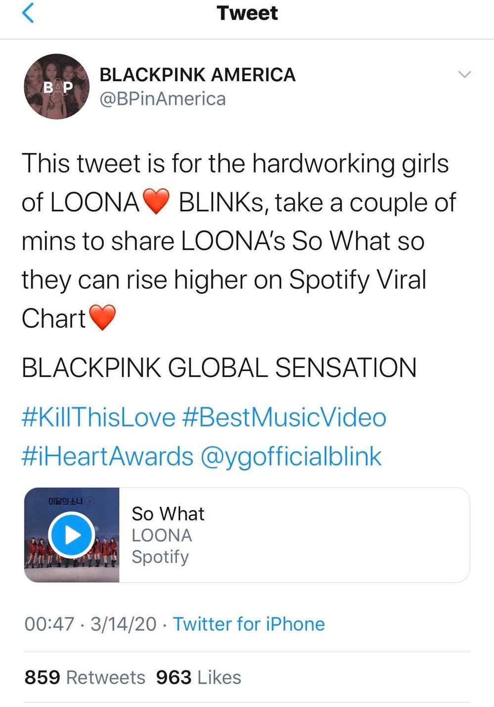  
Một fanpage lớn của BLACKPINK kêu gọi ủng hộ cho Loona (Ảnh: chụp màn hình).