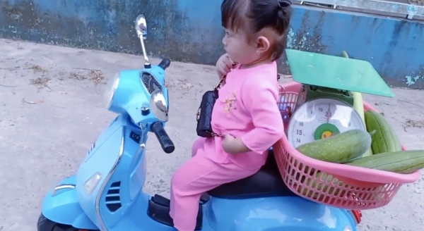  
Lê Dương Bảo Lâm khoe con gái 2 tuổi "bán" rau củ "kiếm thêm". (Ảnh: FBNV)