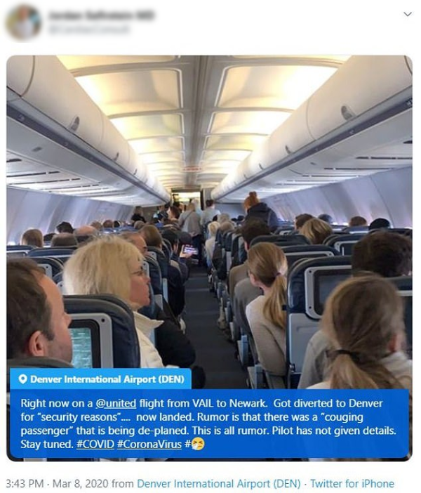  
Jordan Safirstein đăng tải tình hình trên tài khoản cá nhân: "Ngay bây giờ trên chuyến bay từ VAIL đến Newark. Đã chuyển hướng đến Denver vì "lý do bảo mật" ... hiện đã hạ cánh". (Ảnh: Daily Mail)