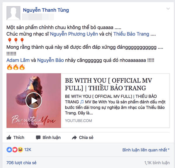  
Sơn Tùng ủng hộ MV của Thiều Bảo Trang.