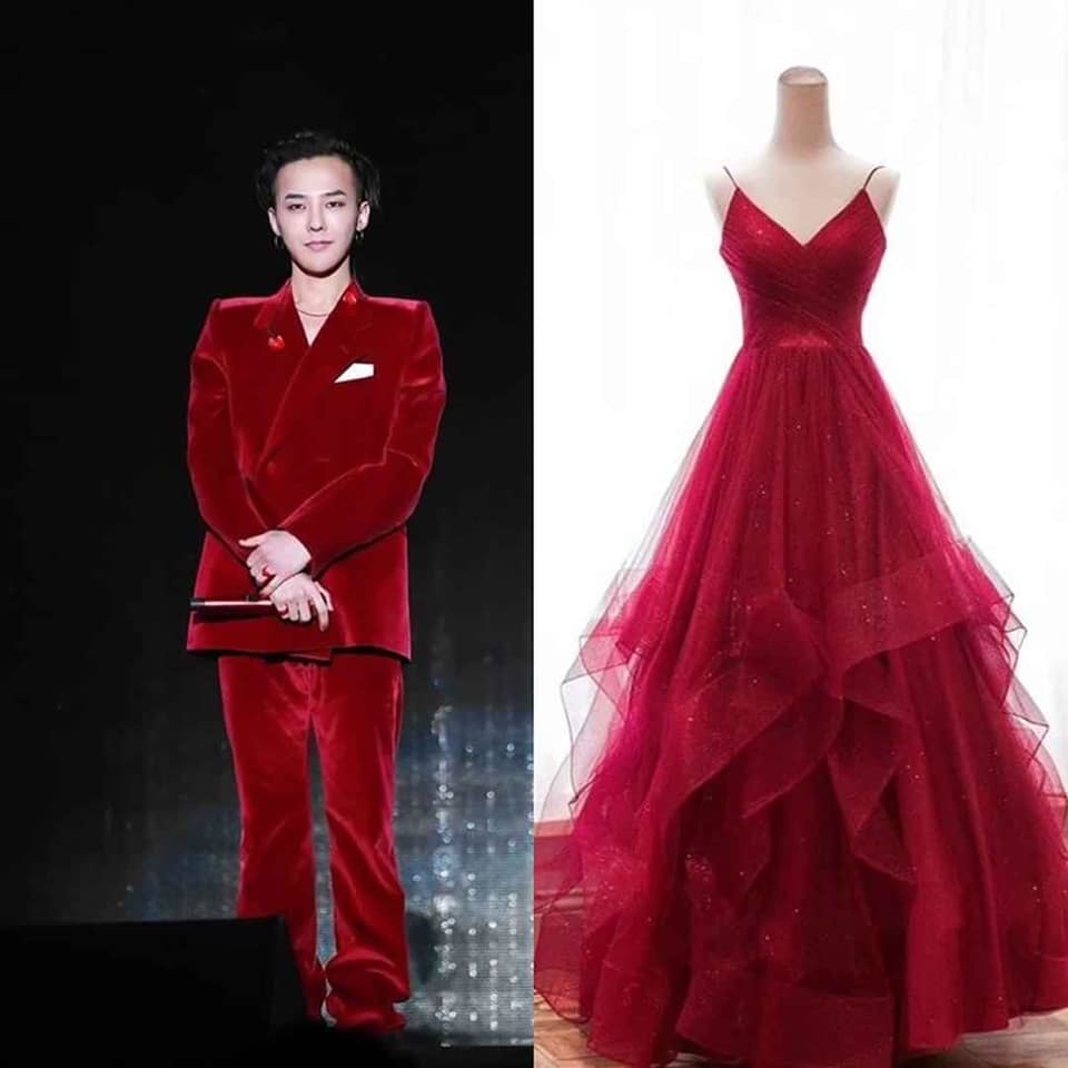 
Màu đỏ luôn được fan đánh giá sinh ra để dành cho G-Dragon. Khi nam thần tượng tỏa sáng trong set đồ đỏ, "cô dâu" của anh chàng nhất định cũng phải trông quyến rũ với chiếc đầm đỏ lấp lánh này - Ảnh: Facebook