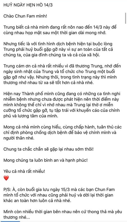 Quang Trung công bố hủy offline với fan để tránh dịch Covid-19. (Ảnh FBNV)