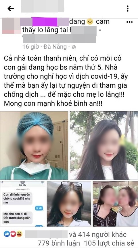  
Bài viết chia sẻ trên mạng xã hội về cô gái tình nguyện tham gia chống dịch. (Ảnh: Group: HKN - HNC).
