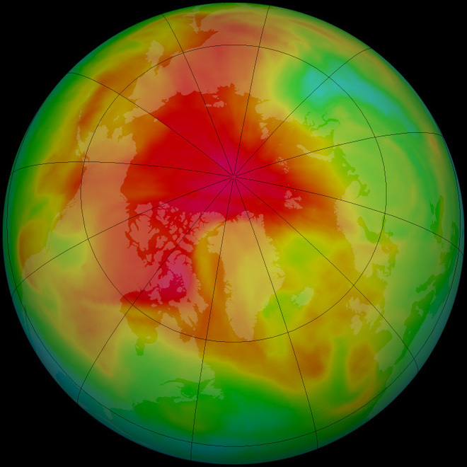  
Cực Bắc xuất hiện lỗ hổng tầng ozone khiến nhiều người lo lắng. (Ảnh: NASA)