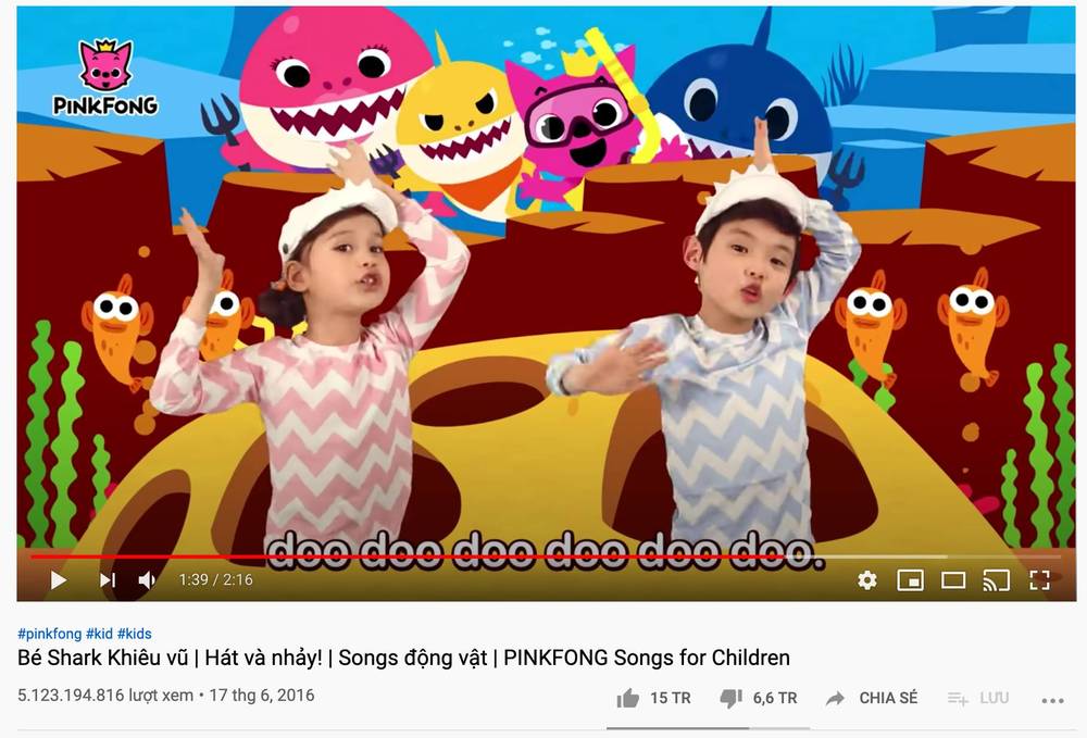  
Mới đây, bài hát thiếu nhi Baby Shark vượt 5 tỷ lượt xem trên YouTube. (Ảnh chụp màn hình)