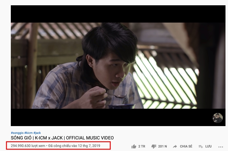  
MV Sóng gió của Jack liên tục lập kỷ lục và sắp chạm đến cột mốc 300 triệu lượt xem (Ảnh: chụp màn hình).