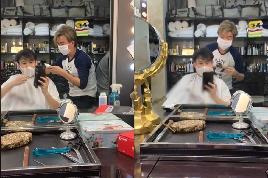  
"Ông hoàng nhạc Việt" có đầy đủ dụng cụ vừa cắt tóc vừa tạo kiểu chuyên nghiệp. (Ảnh: Chụp màn hình)