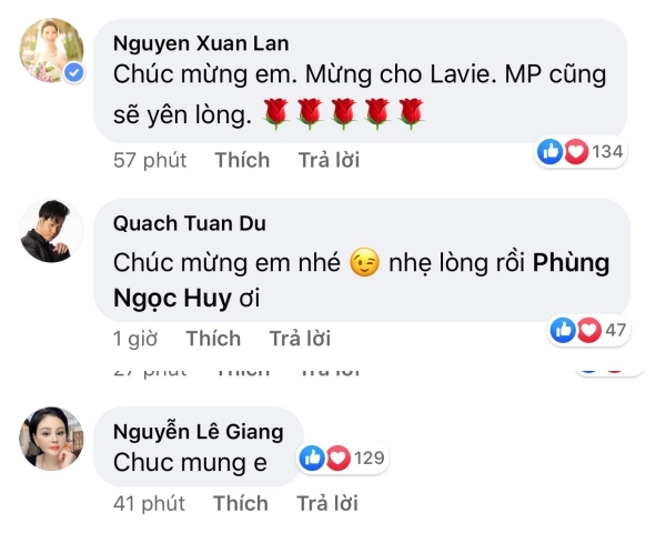  
Siêu mẫu Xuân Lan, ca sĩ Quách Tuấn Du, diễn viên Lê Giang gửi lời chúc mừng đến Phùng Ngọc Huy. (Ảnh: Chụp màn hình)