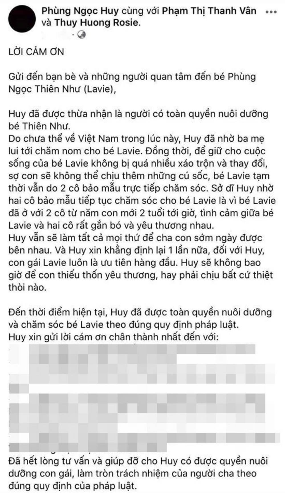  
Bài chia sẻ về việc được quyền hợp pháp nuôi bé Lavie của Phùng Ngọc Huy. (Ảnh: chụp màn hình)