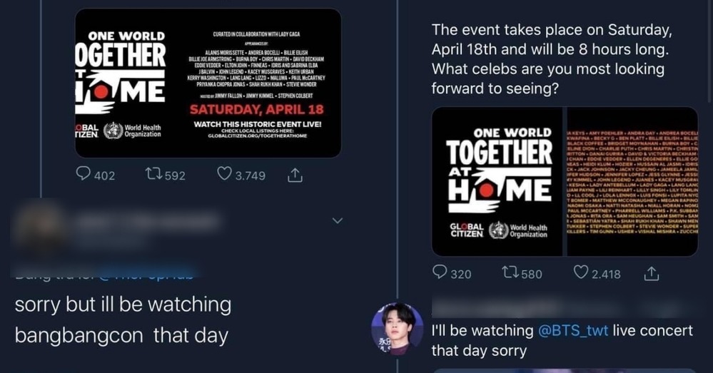  
- Xin lỗi, nhưng tôi sẽ xem BangBangCon vào hôm đó 
-(Sự kiện One World sẽ diễn ra vào ngày thứ 7, ngày 18/4 vào lúc 8 giờ) Tôi sẽ xem concert của BTS hôm đó, xin lỗi(Ảnh: chụp màn hình).