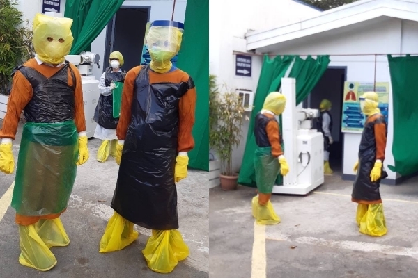  
Tại Philippines, nhiều nơi bác sĩ phải tận dụng túi nilon, túi đựng rác... (Ảnh: FBNV)
