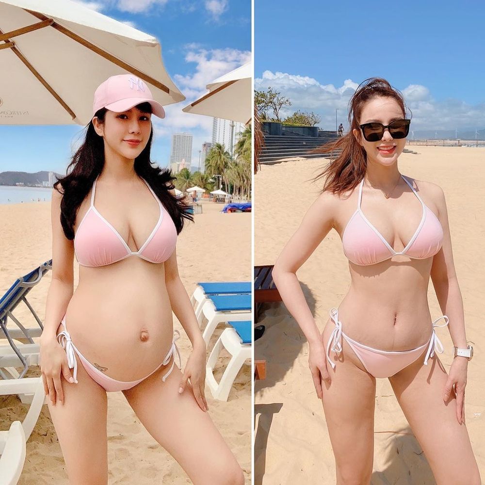  
Diệp Lâm Anh diện lại cùng một thiết kế bikini trước - sau sinh em bé thứ 2. Vùng bụng của cô lúc  này còn nhiều vết rạn và chưa được thon gọn. (Ảnh: FBNV)