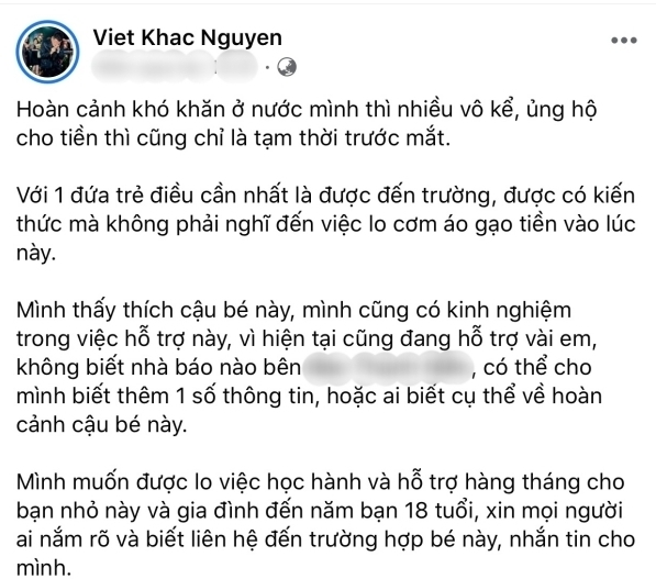  
Khắc Việt chia sẻ bài đăng với mong muốn hỗ trợ cậu bé này đến trường. (Ảnh: chụp màn hình)