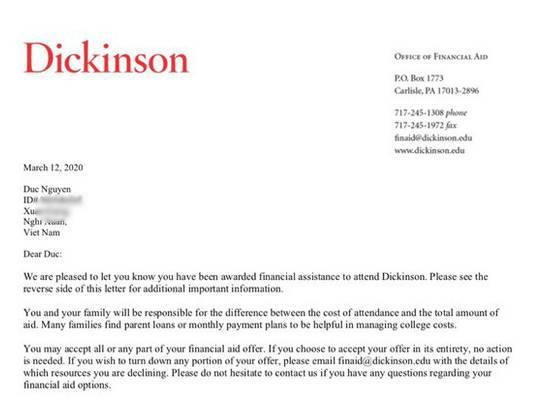  
Thư thông báo dành được học bổng của Đại học Dickinson. (Ảnh: FB NV)