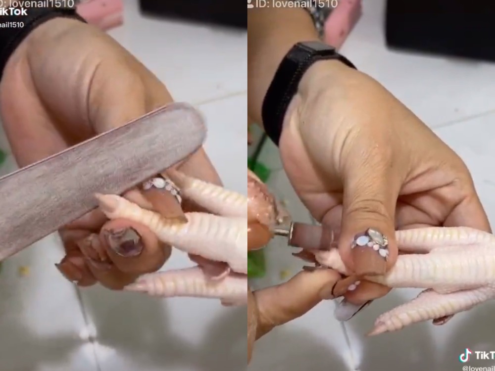  
Cô gái làm nail bằng chân gà trong mùa dịch Covid-19​. (Ảnh cắt từ clip)