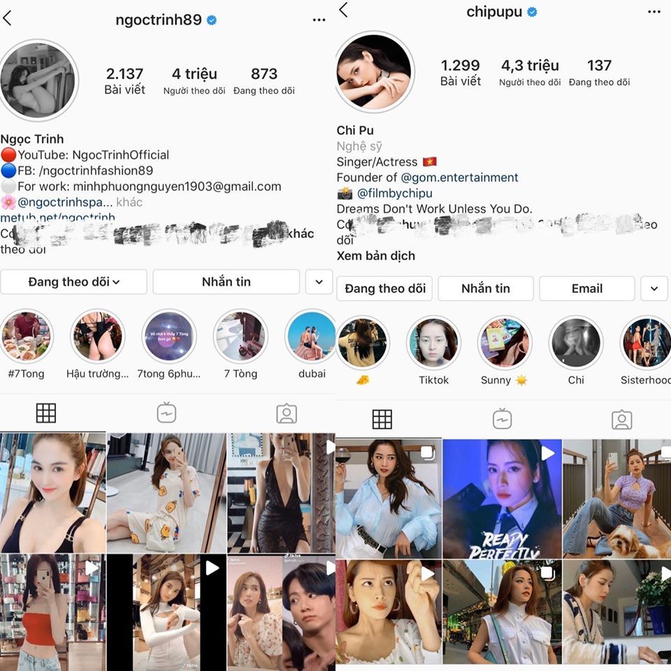  
Ngọc Trinh và Chi Pu là hai mỹ nhân hiếm hoi đạt 4 triệu follow trên Instagram. (Ảnh: Chụp màn hình)