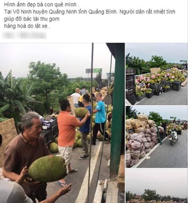  
Hàng chục người dân Quảng Bình gom từng thùng mít giúp tài xế gặp nạn​. (Ảnh: FB T.C)