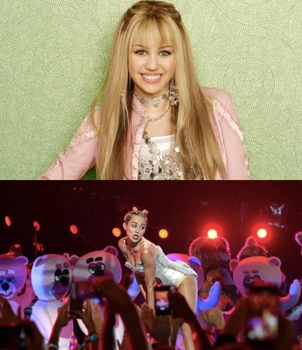  
Miley khi còn ở Disney và phong cách nổi loạn sau này. (Ảnh: Daily Express)