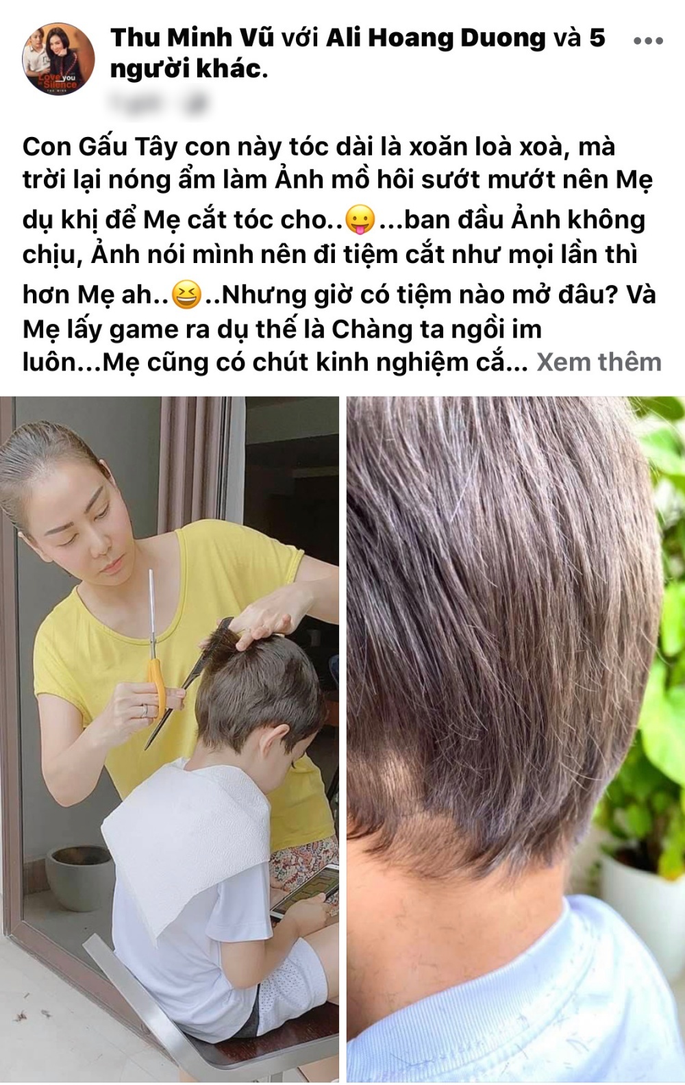  
Chia sẻ "dở khóc dở cười" của Thu Minh sau khi cắt lác tóc cậu con trai (Ảnh: chụp màn hình).