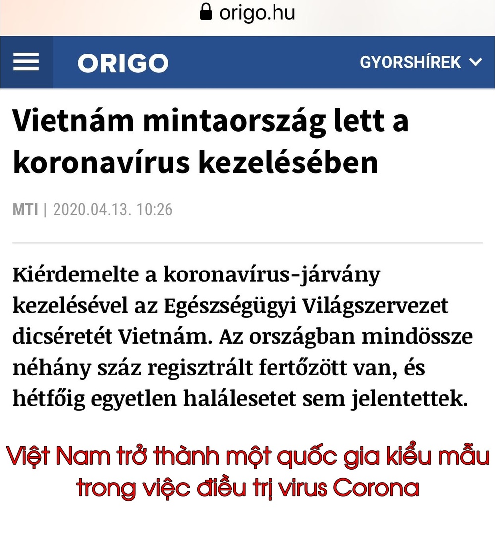  
Báo Hungary khen ngợi Việt Nam ngày 14/3. (Ảnh: Chụp màn hình)