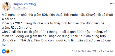  
Huỳnh Phương bức xúc kể lại câu chuyện giảm giá thuê nhà. (Ảnh: chụp màn hình)
