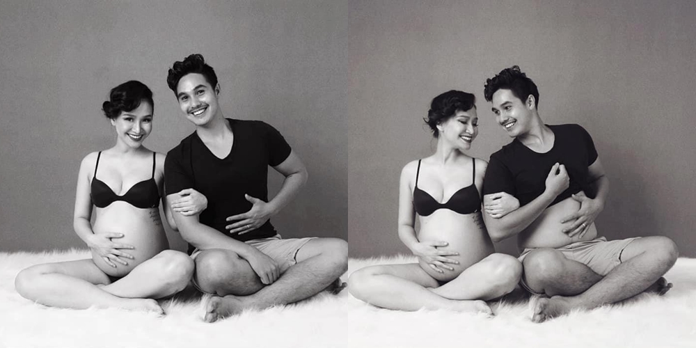  
Baggio và bà xã thực hiện kiểu chụp hình thú vị. Vợ mang bầu nhưng bụng của diễn viên Thứ ba học trò cũng to không kém. (Ảnh: FBNV)