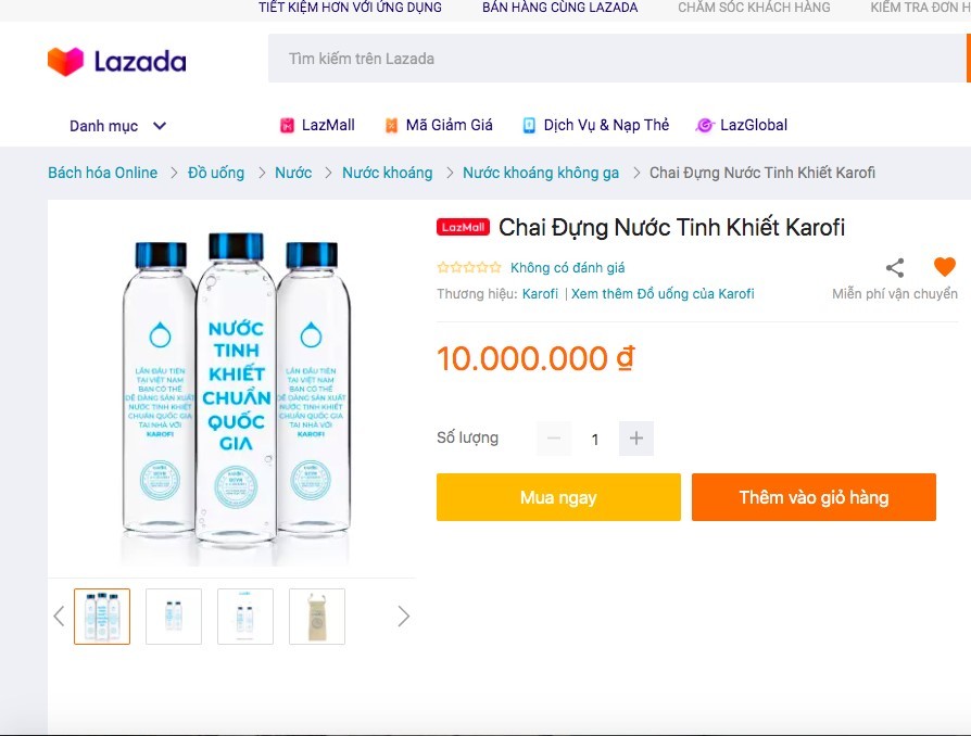 
Chai nước có giá đến 10 triệu đồng được Karofi đăng bán.