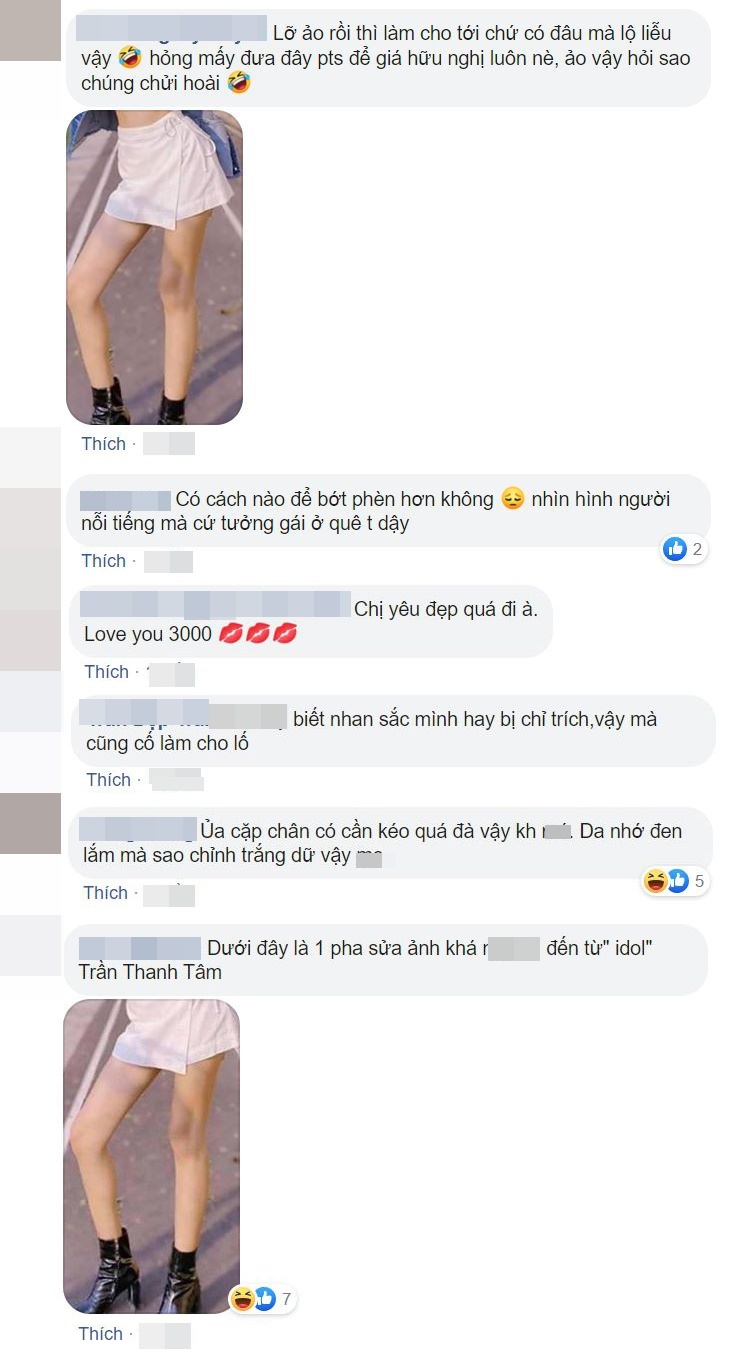 
Dân mạng "bóc mẽ" hot girl Trần Thanh Tâm Photoshop lõm cả chân​. (Ảnh: Chụp màn hình).