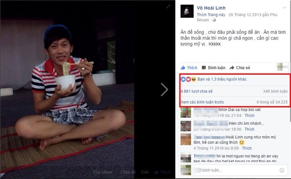  
Ngồi bẹp ăn mì tôm mà Hoài Linh vẫn có được 1,3 triệu like. (Ảnh: FBNV)