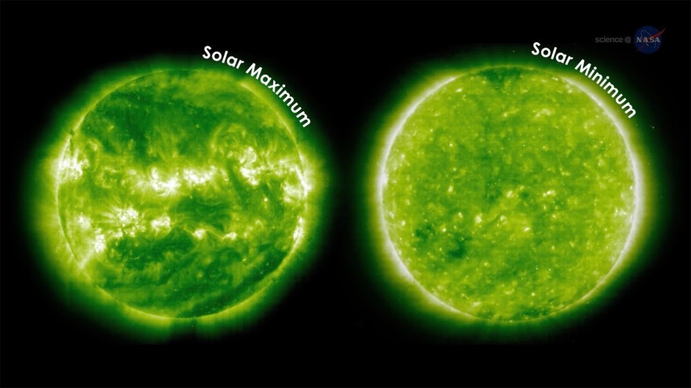  
Ảnh minh hoạ tình trạng năng lượng cực đại (trái) và cực tiểu (phải) của Mặt Trời. (Ảnh: NASA)
