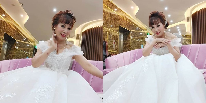  
Cô dâu 62 tuổi diện váy cưới, tự tin khoe nhan sắc. (Ảnh: FBNV).