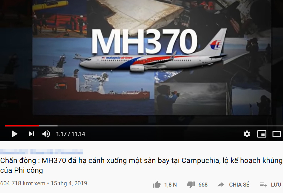  
Tin giả về MH370 hạ cánh xuống Campuchia thu hút lượng người xem lớn (Ảnh chụp màn hình)