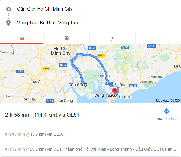  
Quãng đường bộ đi từ huyện Cần Giờ đến thành phố Vũng Tàu. (Ảnh: Chụp màn hình)