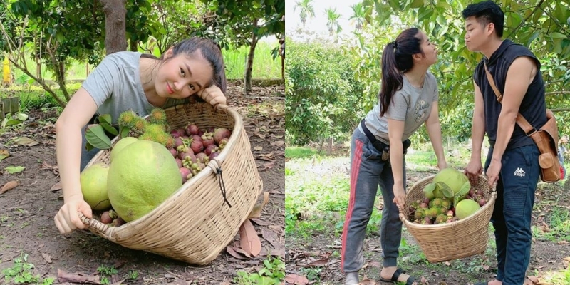  
Hai vợ chồng hào hứng khi thu hoạch cả một giỏ lớn trái cây. (Ảnh: FBNV) - Tin sao Viet - Tin tuc sao Viet - Scandal sao Viet - Tin tuc cua Sao - Tin cua Sao