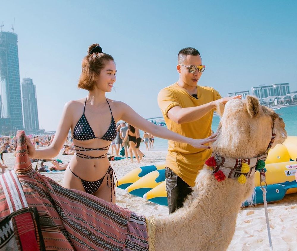  
Hình ảnh Ngọc Trinh diện bikini cùng Vũ Khắc Tiệp cưỡi lạc đà ở Dubai là một trong những bức ảnh nhận nhiều lượt yêu thích nhất trên Instagram cá nhân của "ông bầu". (Ảnh: Instagram nhân vật)