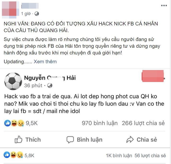  
Sáng 23/6, mạng xã hội rộ lên thông tin Quang Hải bị hack Facebook. (Ảnh: Chụp màn hình).