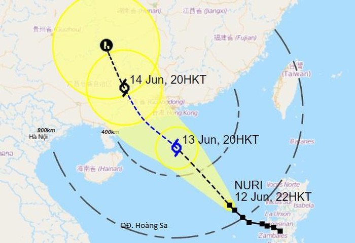  
Dự báo của Cơ quan khí tượng Hong Kong về đường đi và vùng ảnh hưởng của bão số 1 trong những giờ tới. (Ảnh: HKO)