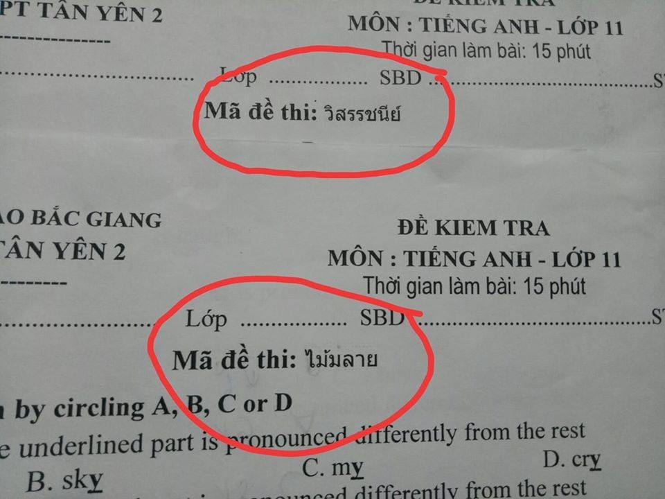 
Mã đề tiếng Thái khiến học sinh "dở khóc dở cười". (Ảnh: Trường Người Ta).