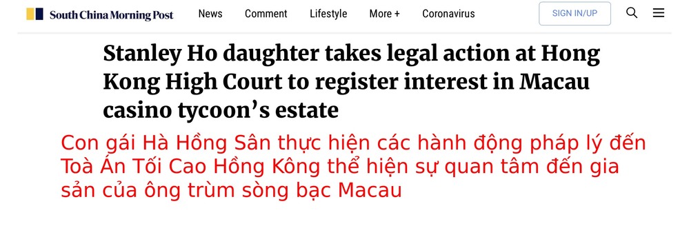  
Bài báo đưa tin con gái Hà Siêu Hùng chính thức dùng pháp luật can thiệp cuộc chiến tranh giành gia tài của vua sòng bài Macau. (Ảnh: South China Morning Post)