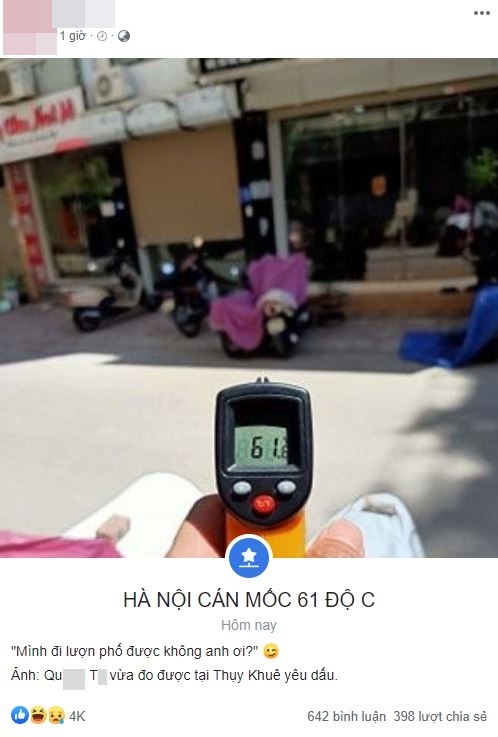  
Một trang mạng xã hội chia sẻ hình ảnh được cho là nhiệt độ Hà Nội lên mức 61 độ C. (Ảnh: Chụp màn hình).