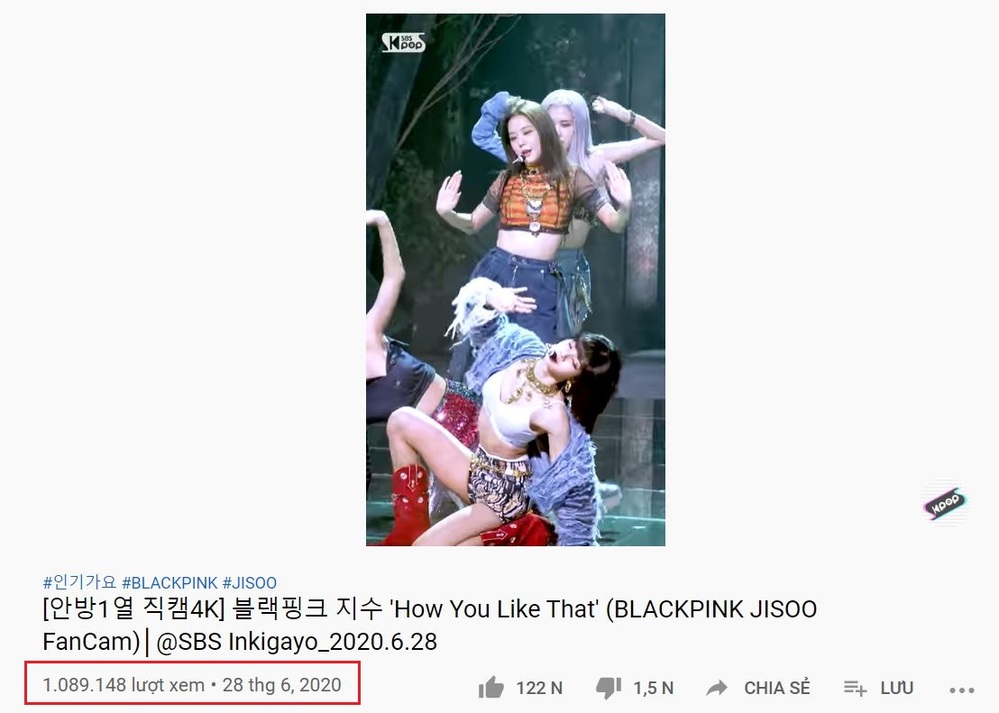  
Lượng view fancam của Jisoo đạt hơn 1 triệu. (Ảnh: Chụp màn hình).