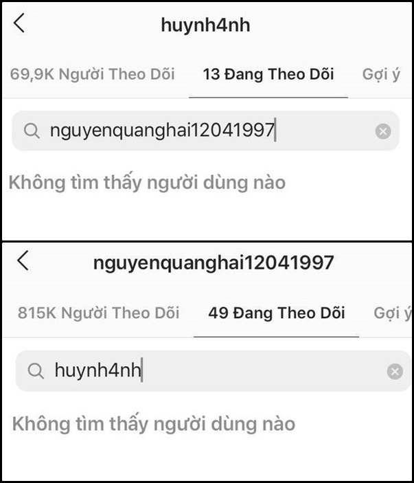  
Huỳnh Anh và Quang Hải bỏ theo dõi trên Instagram. (Ảnh: chụp màn hình)