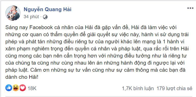  
Quang Hải lên tiếng về vụ lùm xùm liên quan đến trang cá nhân của mình. (Ảnh: Chụp màn hình).