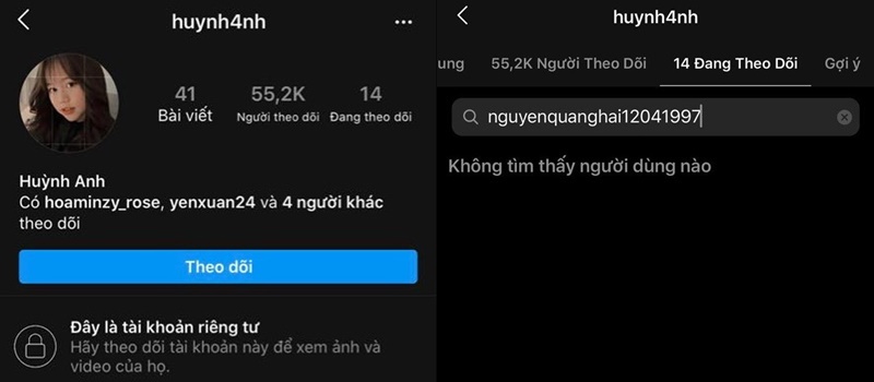  
Huỳnh Anh bỏ theo dõi Quang Hải trên Instagram. (Ảnh: Chụp màn hình).